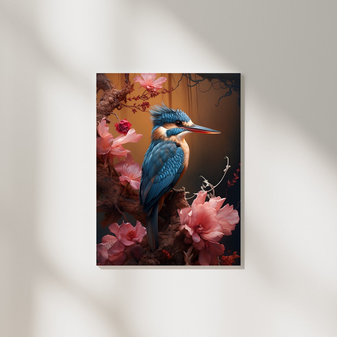 Kingfisher Pink Blossom Botanical Bird Portrait Elegant Poster - Image 2