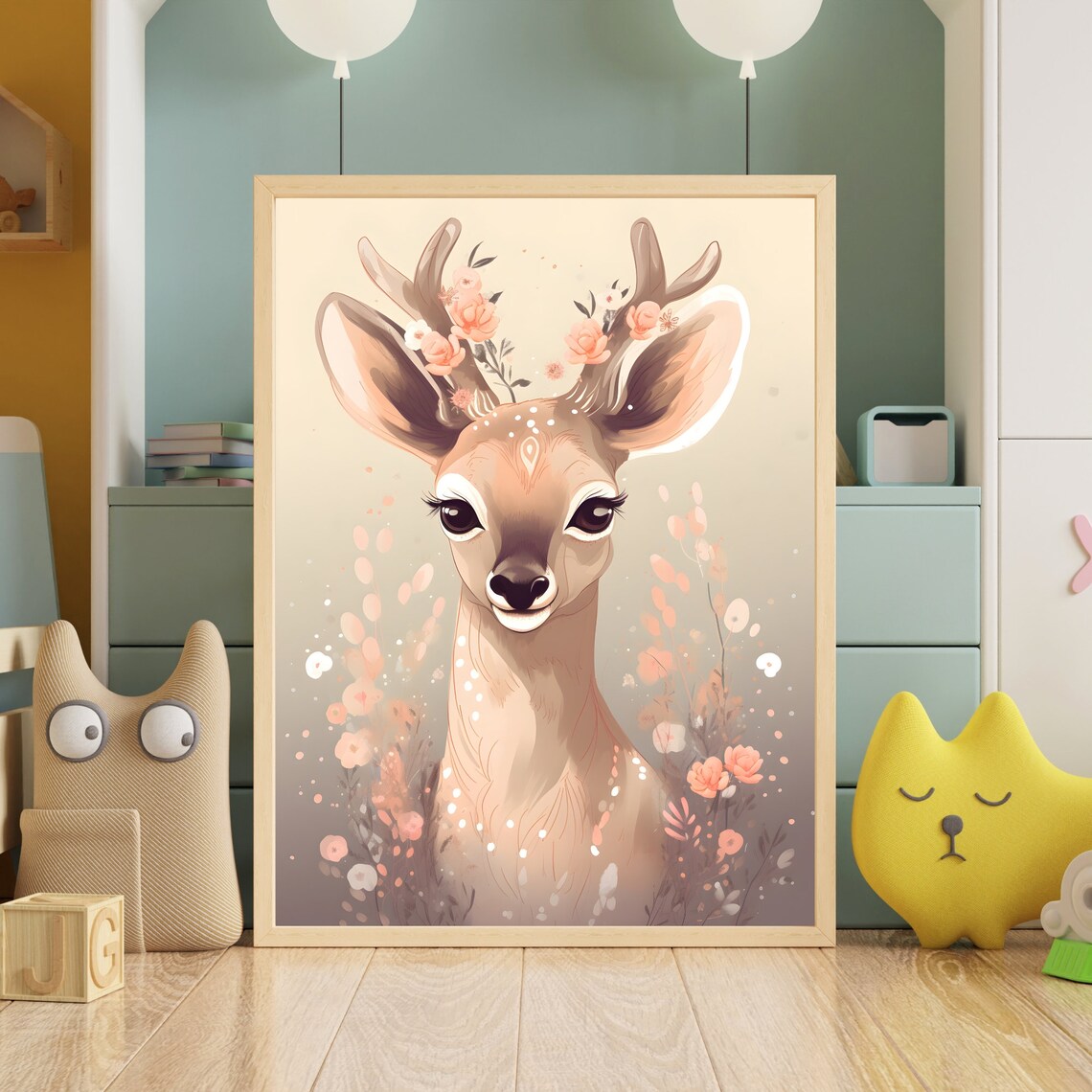 Sweet Baby Fawn with Pink Floral Antlers Nursery Animal Poster - Image 2