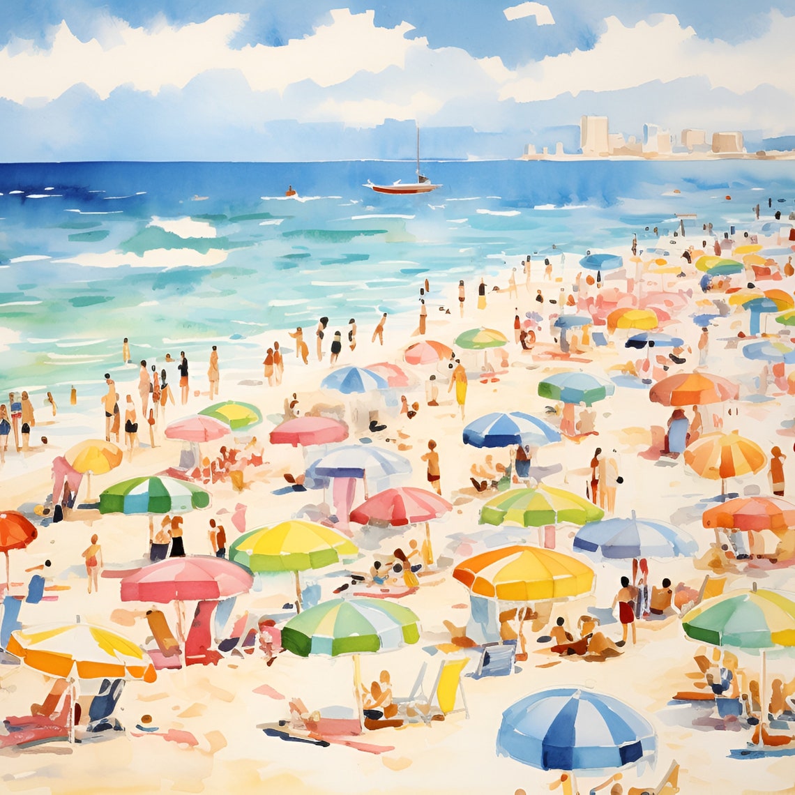 Crowded Summer Beach With Colorful Umbrellas Watercolor Art Poster - Image 2