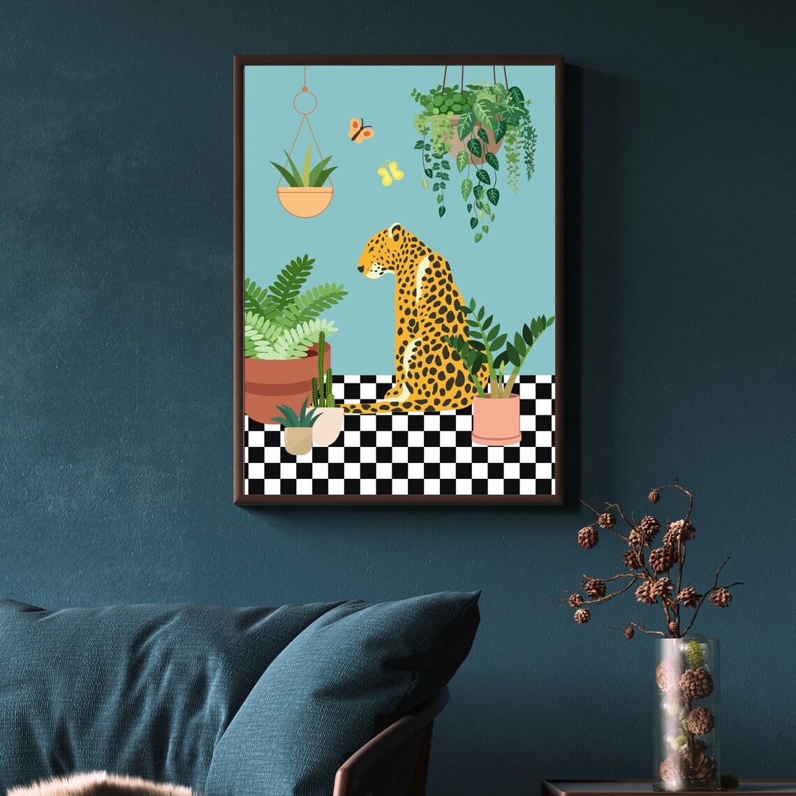 Leopard Among Houseplants on Checkered Floor Playful Art Poster - Image 3