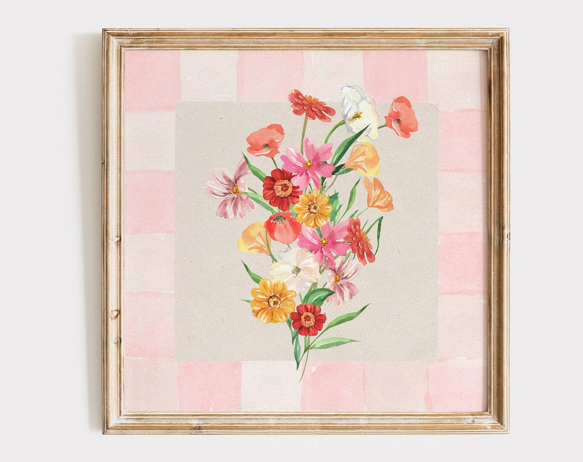Colorful Watercolor Wildflower Bouquet Pink Checkered Poster