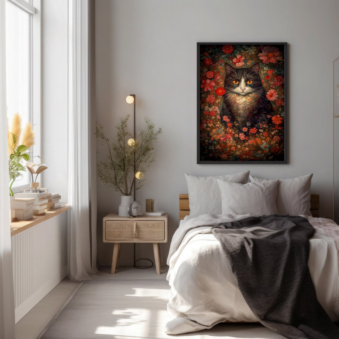 Tuxedo Cat Portrait Surrounded by Red Blooming Flowers Poster - Image 2