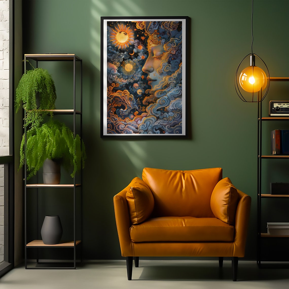 Celestial Sun and Moon Faces in a Mystical Dreamscape Sky Poster - Image 2