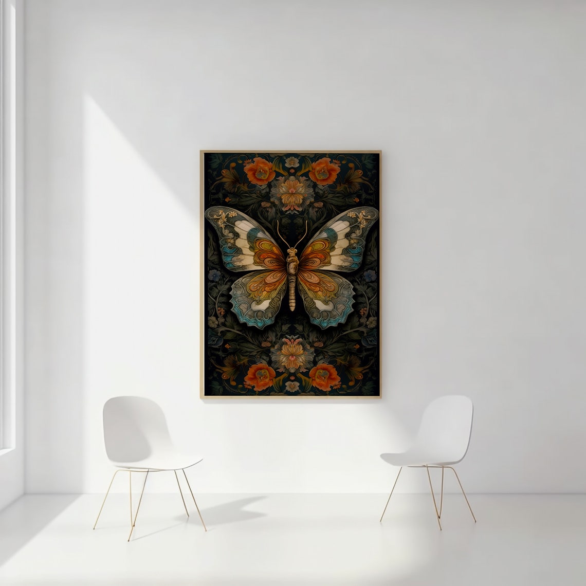 Symmetrical Amber Butterfly Dark Floral Botanical Vintage Poster - Image 3