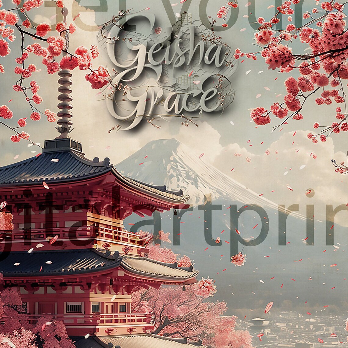 Kyoto Geisha Grace Pagoda Cherry Blossom and Mountain Japan Poster - Image 3