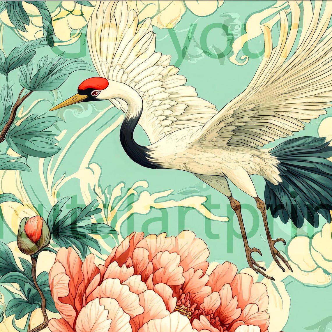 Japanese Crane Peony Flower Asian Style Botanical Art Print Decor - Image 3