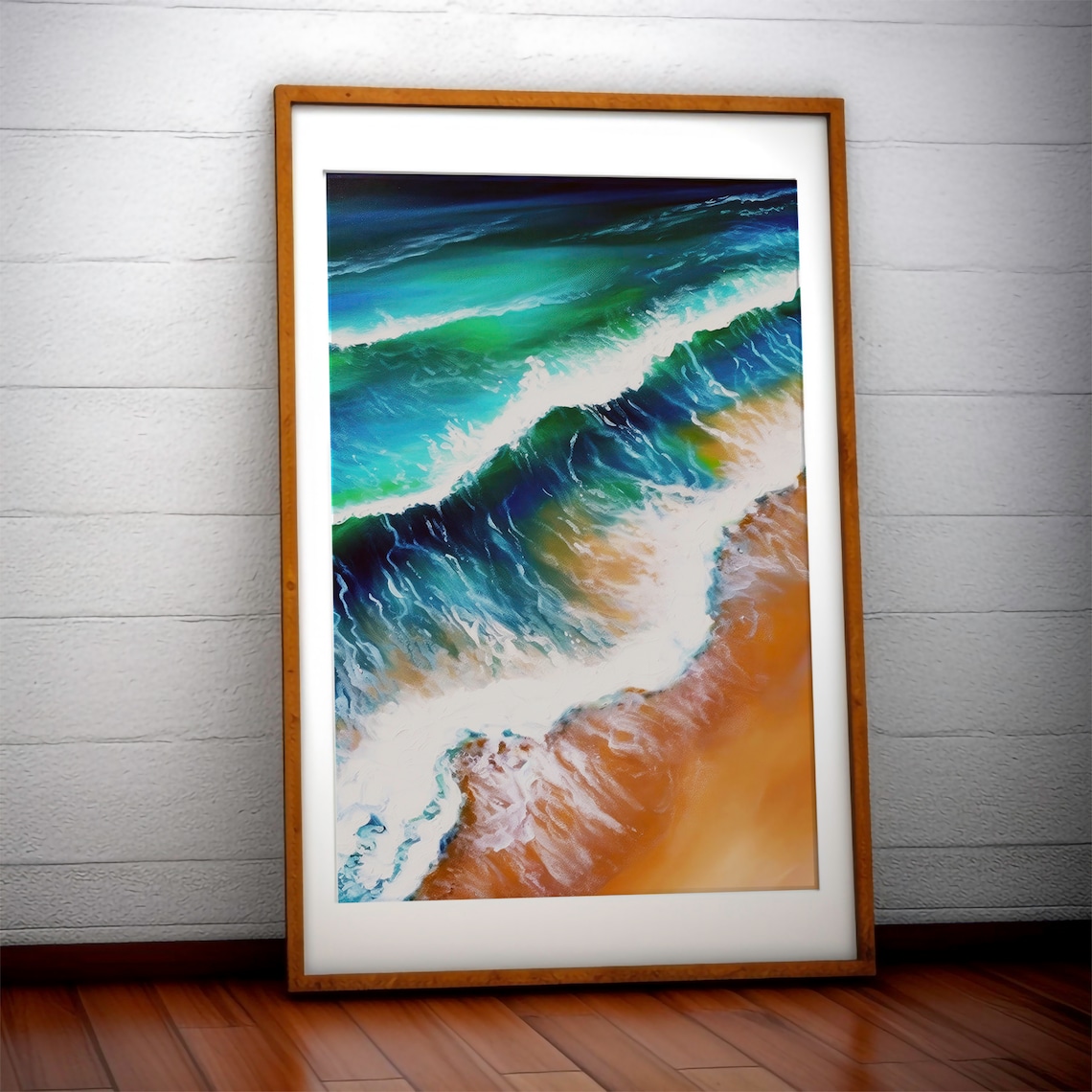 Aerial Ocean Wave Teal Water White Foam Beach Art Painting Poster - Image 2