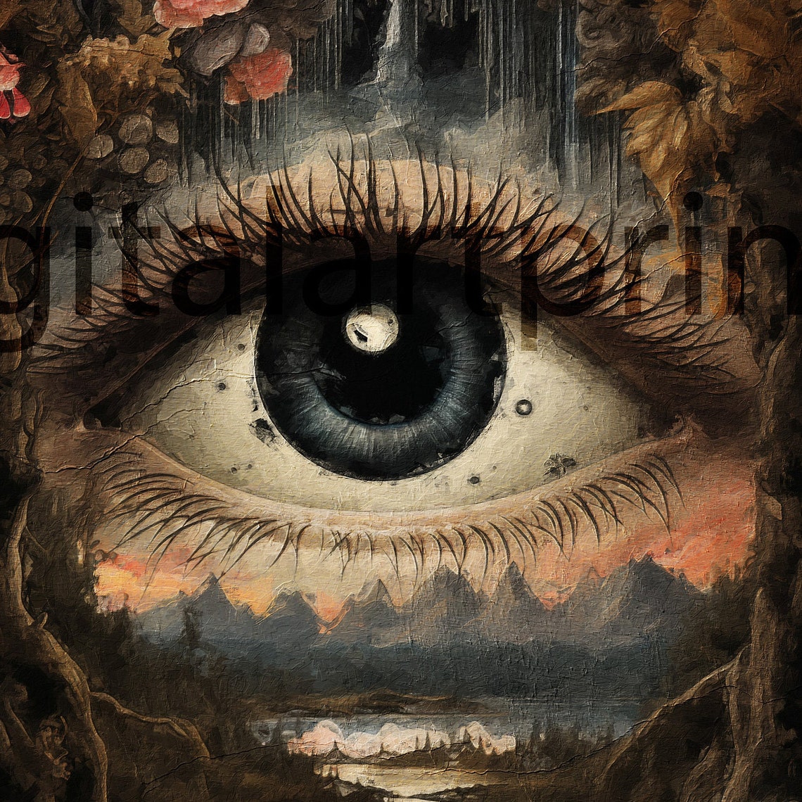 Surreal Eye with Mountain Landscape and Floral Dreamscape Poster - Image 2