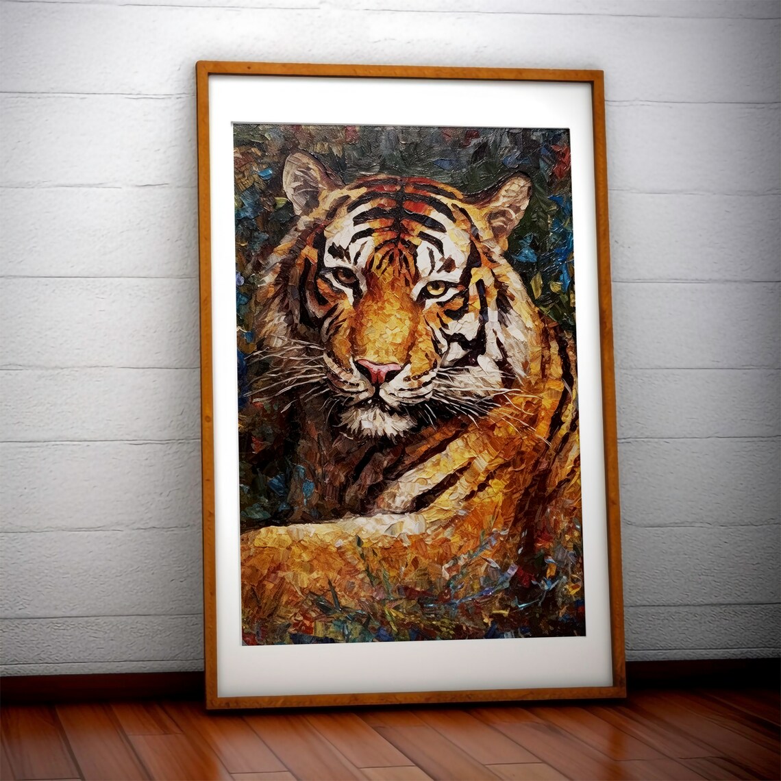 Majestic Tiger Face Mosaic Textured Oil Painting Style Art Print