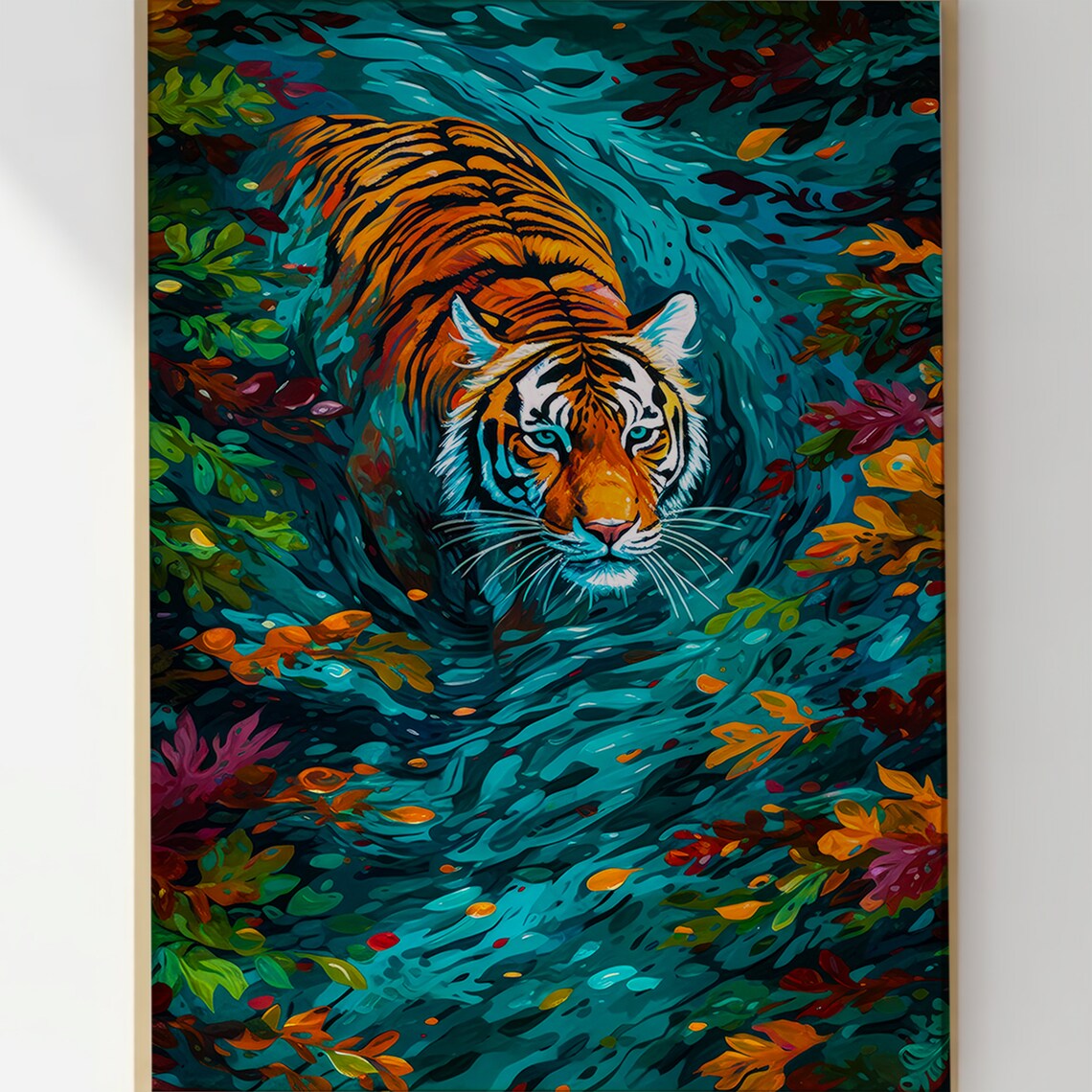 Tiger Swimming in Teal Water With Tropical Leaves Vibrant Art Print - Image 2