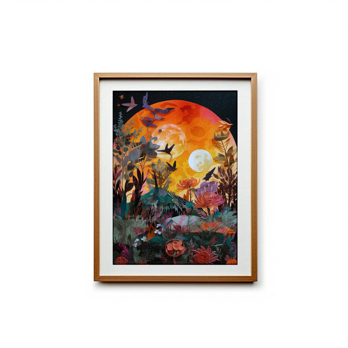 Retro Futuristic Space Collage Sun Moons Birds Layered Art Print - Image 2