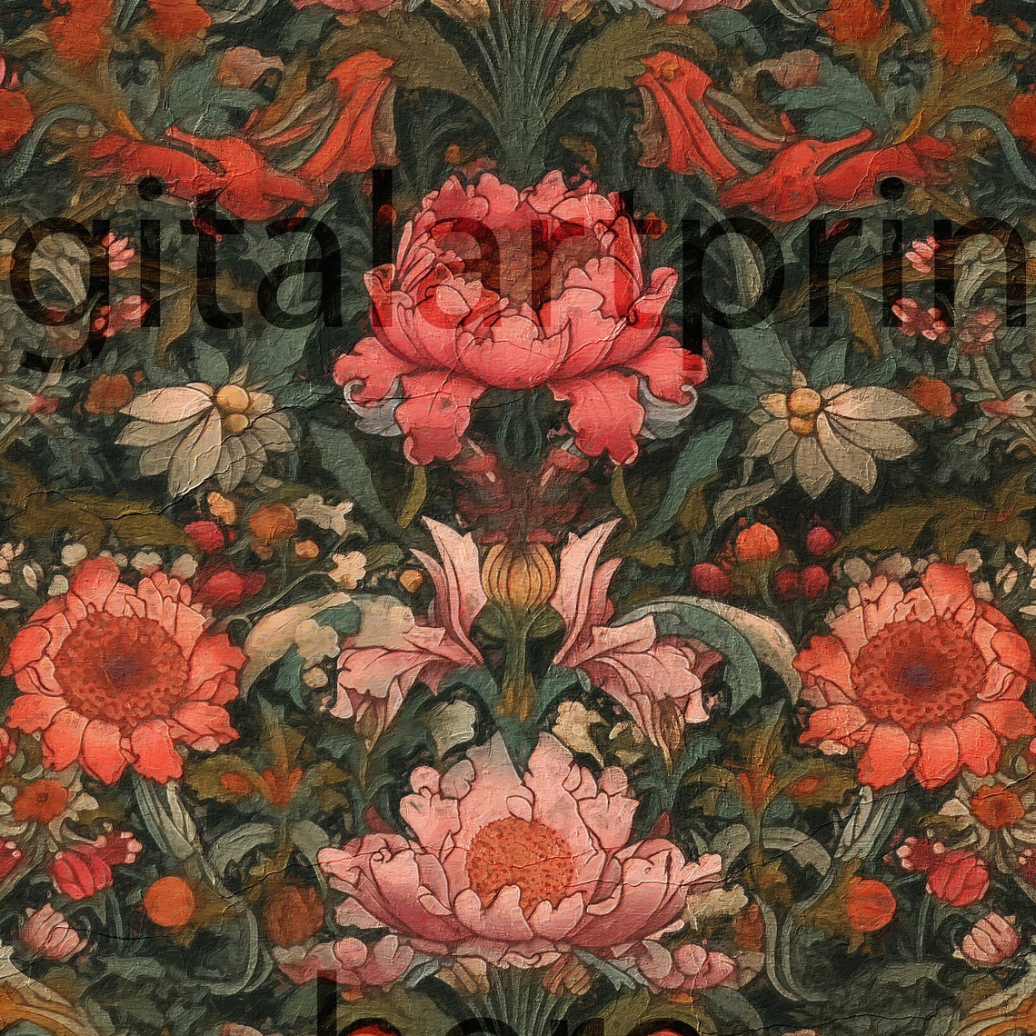 Deep Red Peonies Dark Botanical Floral Print Vintage Cottagecore Art - Image 3