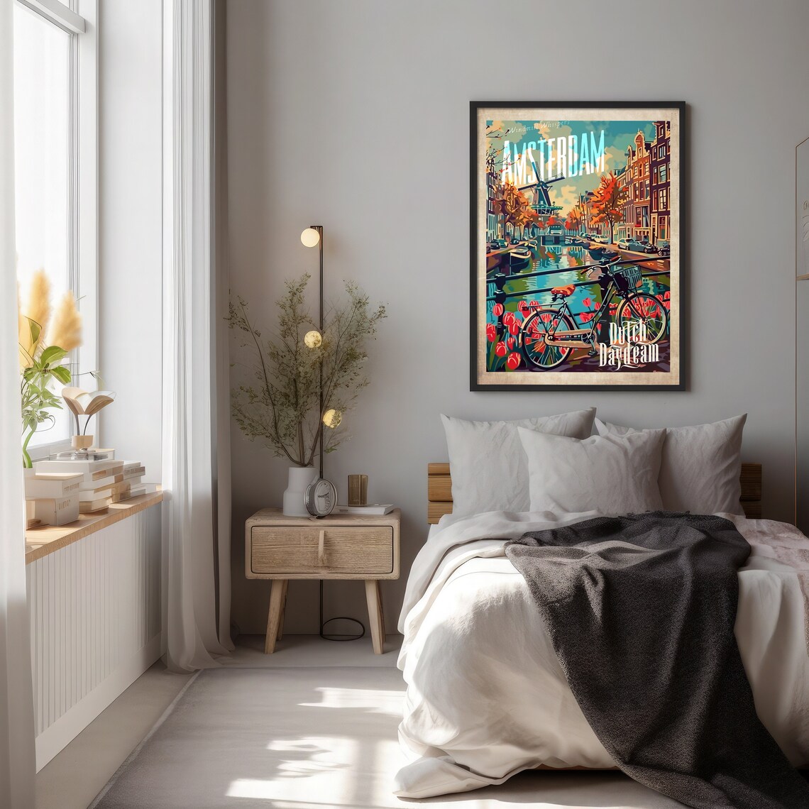 Amsterdam Dutch Daydream Canal Bicycle Tulips Retro Travel Poster - Image 2