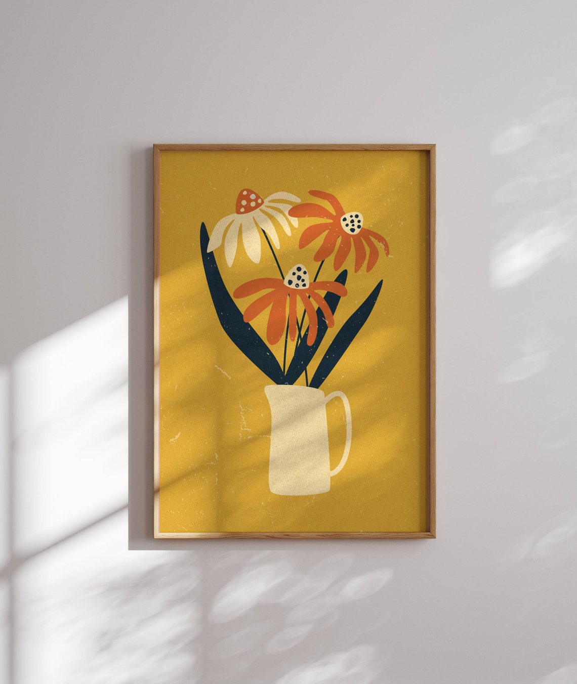 Retro Daisy Flower Jug Wall Art Mustard Yellow Botanical Kitchen Decor