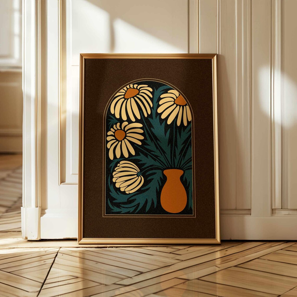 Abstract Chamomile Floral Print, 70s Retro Midcentury Style