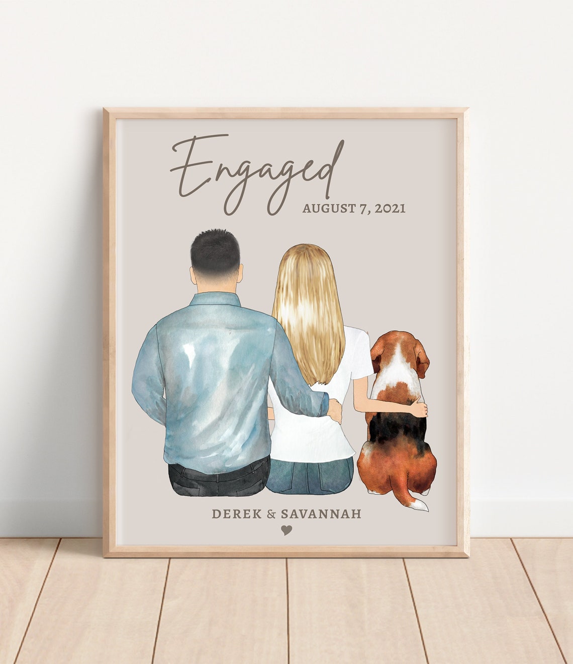 Engaged August 7 2021 Couple with Beagle Personalized Portrait Poster