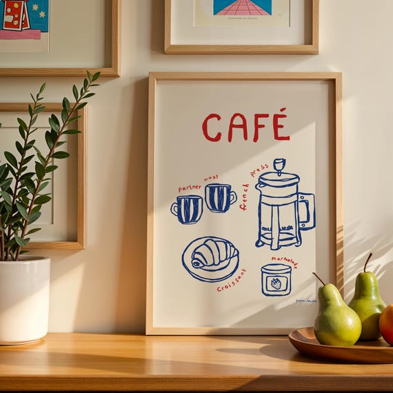 Cafe Print Hand Drawn Coffee Bar Poster Retro Modern Kitchen Art Foodie