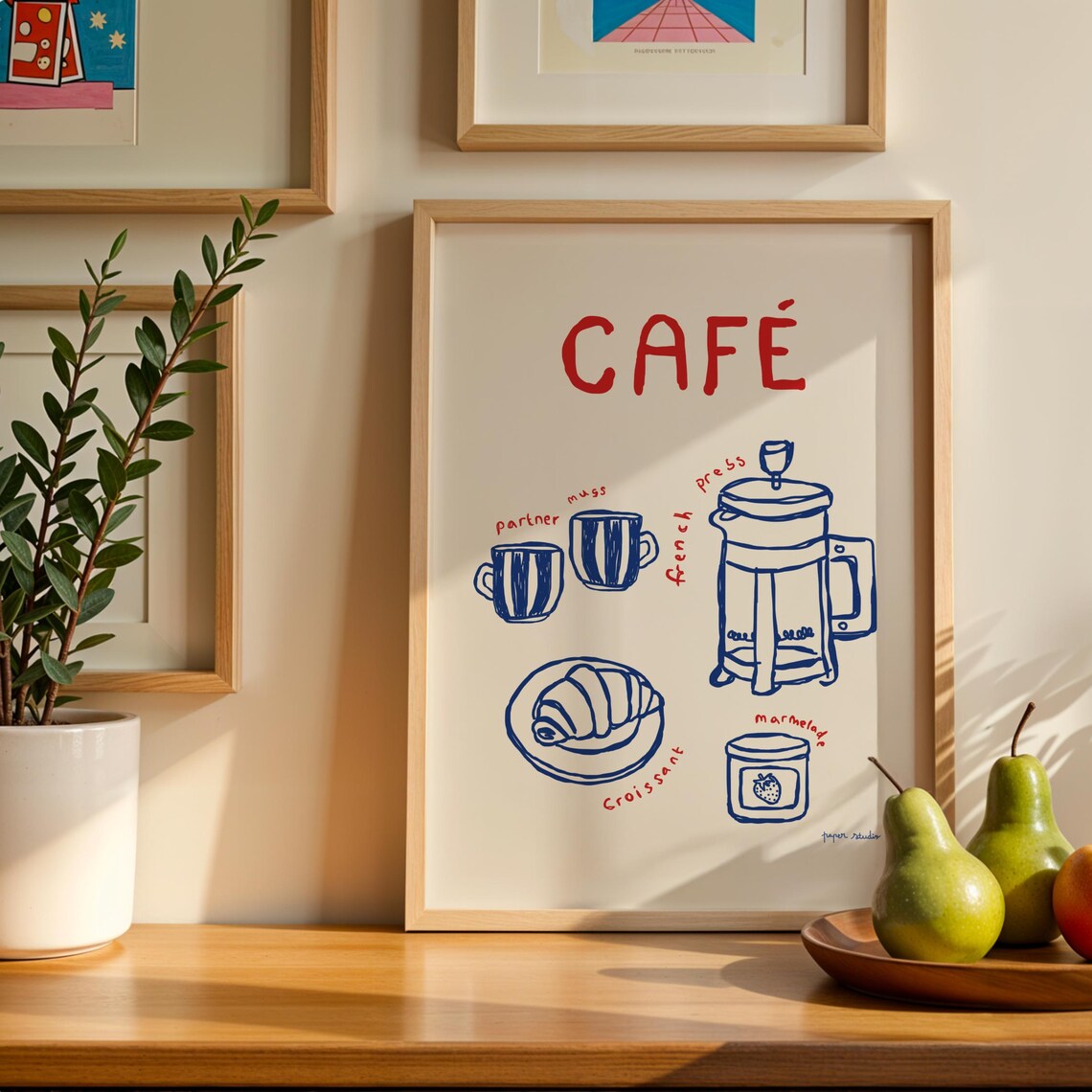 Hand Drawn Cafe French Press and Croissant Kitchen Art Poster