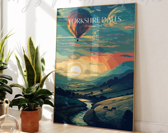 Yorkshire Dales National Park Sunset Balloon Vintage Travel Poster