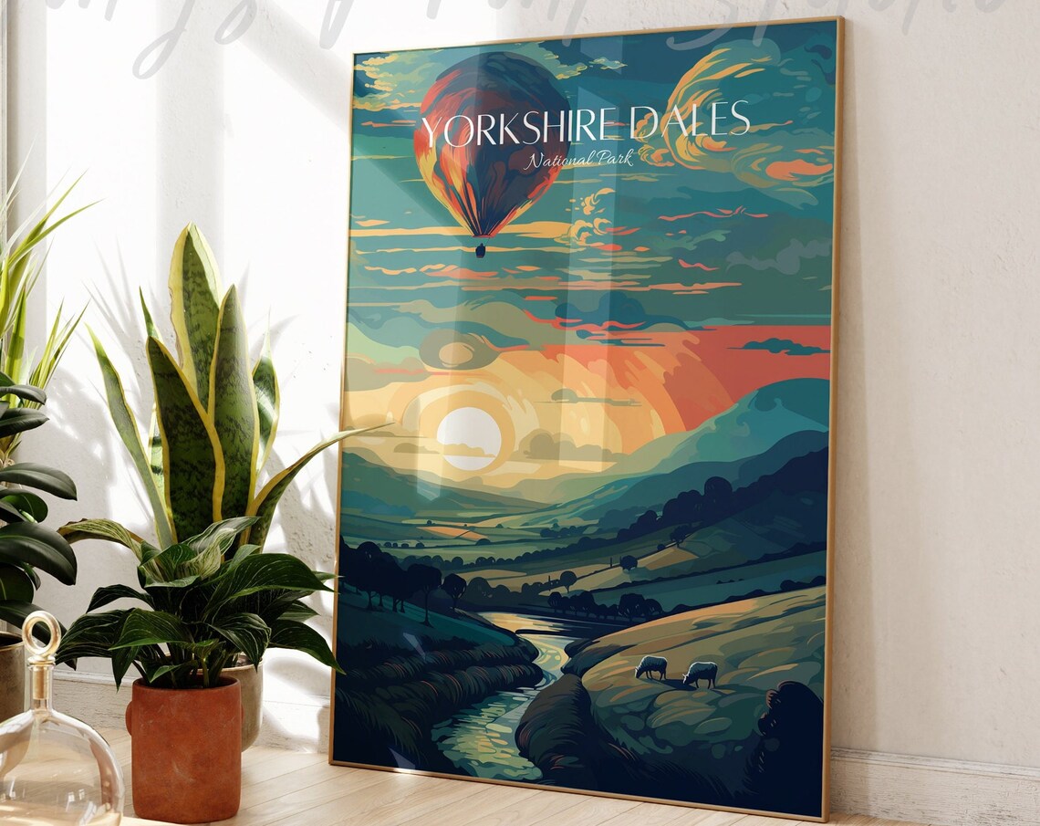 Yorkshire Dales National Park Sunset Balloon Vintage Travel Poster