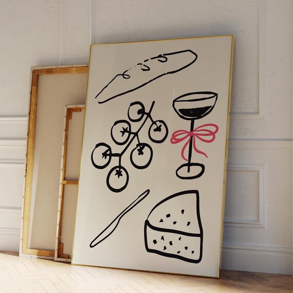 Dinner Party Food Illustration Poster Black Line Art Wine Cheese Bow