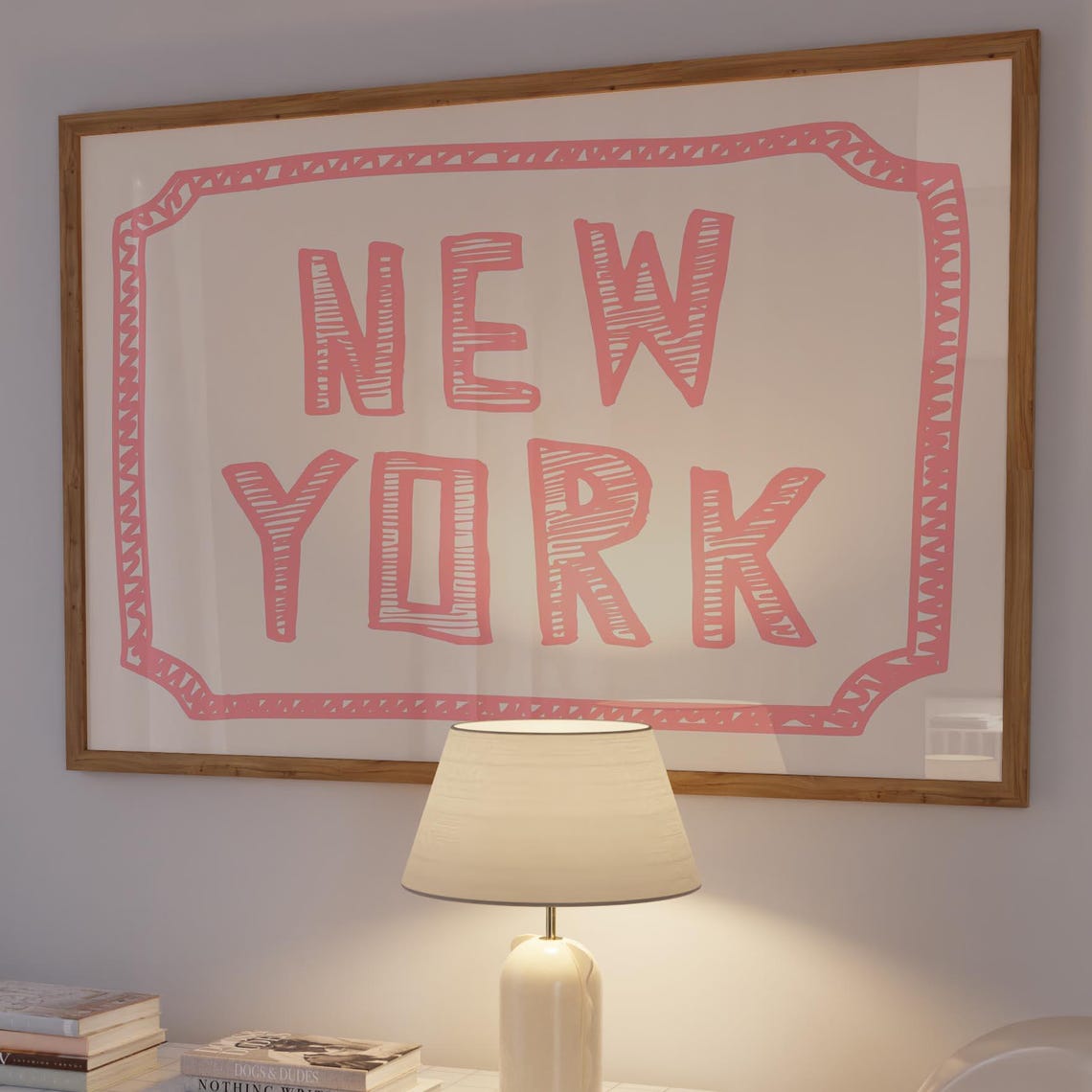 Pink New York Hand Lettered Doodle Border Typographic Wall Art