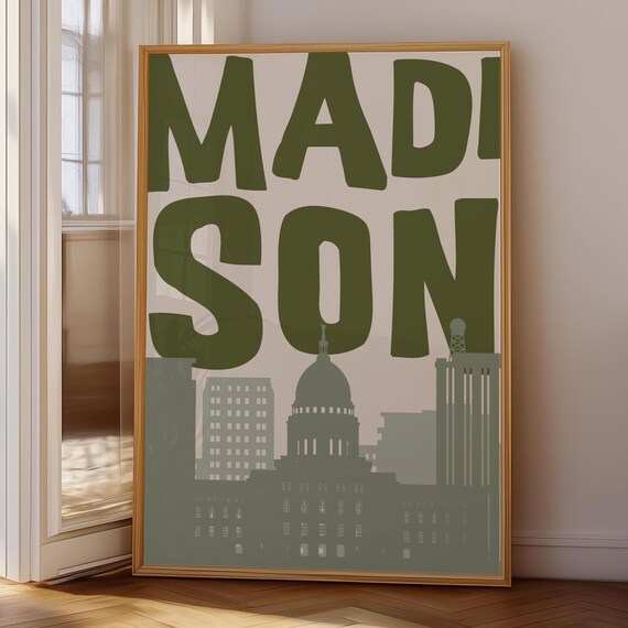 Madison Wisconsin Green Typography Skyline Poster State Capitol City Decor