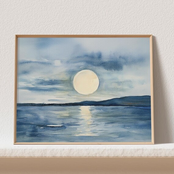 Full Moon Over the Ocean Night Seascape Watercolor Blue Moonlight Poster