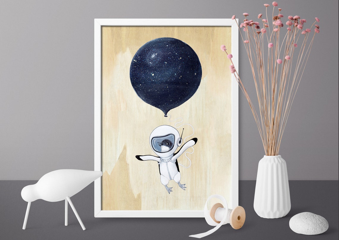 Tiny Penguin Astronaut Floating Under Starry Balloon Space Art Poster - Image 3