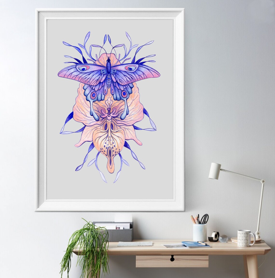 Purple Moth Resting On Pink Orchid Soft Watercolor Floral Art Poster - Image 2