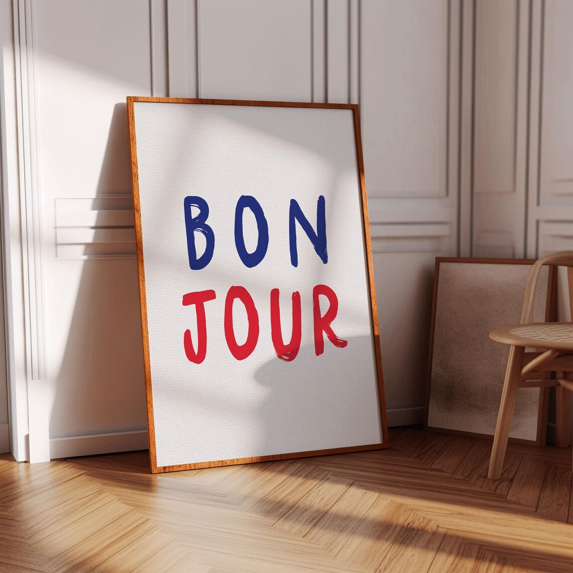 Sweet Bonjour Blue Red Hand Lettered French Word Decor Poster