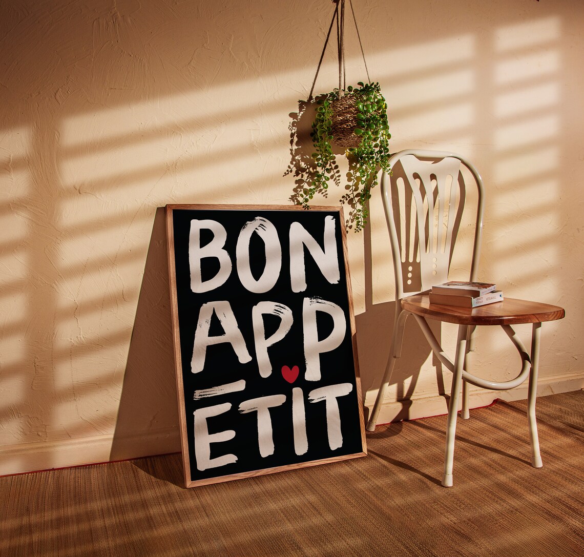 Bon Appetit French Kitchen Quote Brush Lettering Black Poster - Image 3