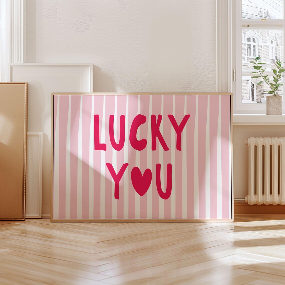 Lucky You Pink Stripes Positive Quote Typographic Art Print Decor