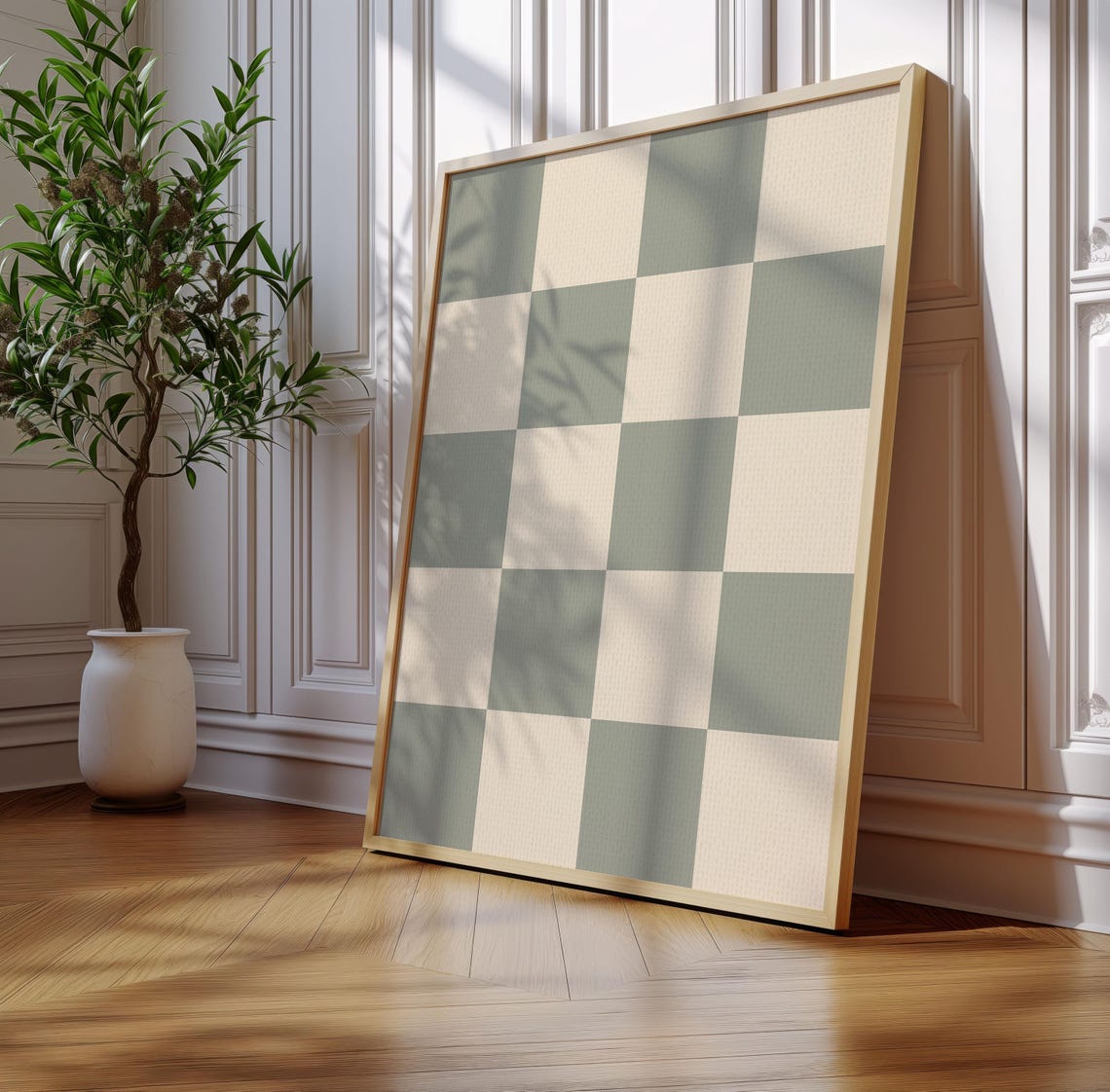 Sage Green Cream Retro Checkerboard Pattern Minimalist Poster