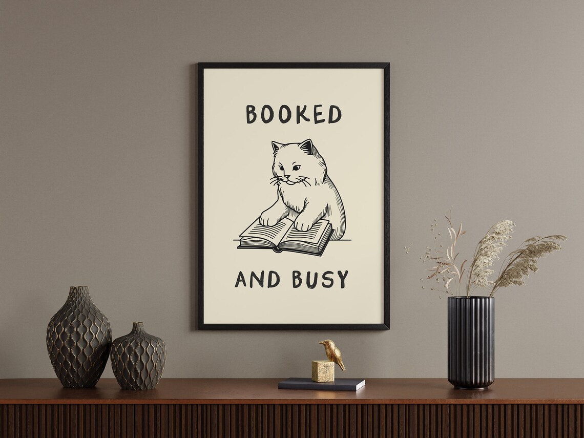 Booked and Busy Cute Cat Reading Book Funny Vintage Line Art Poster - Image 2