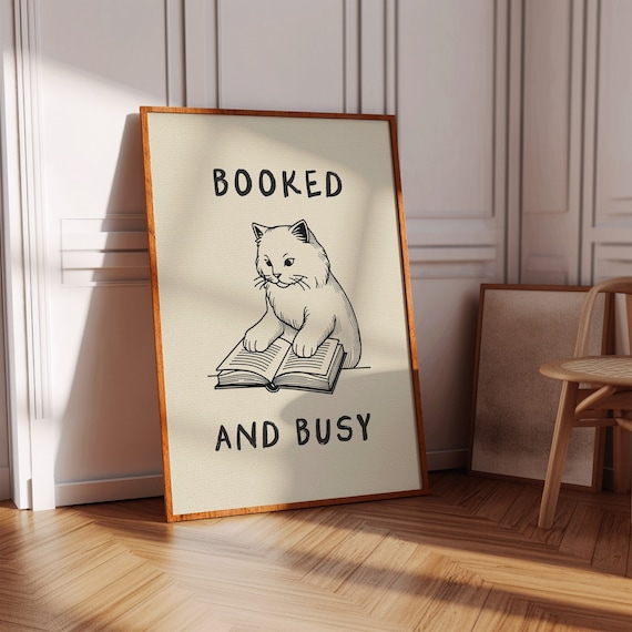 Booked and Busy Cute Cat Reading Book Funny Vintage Line Art Poster