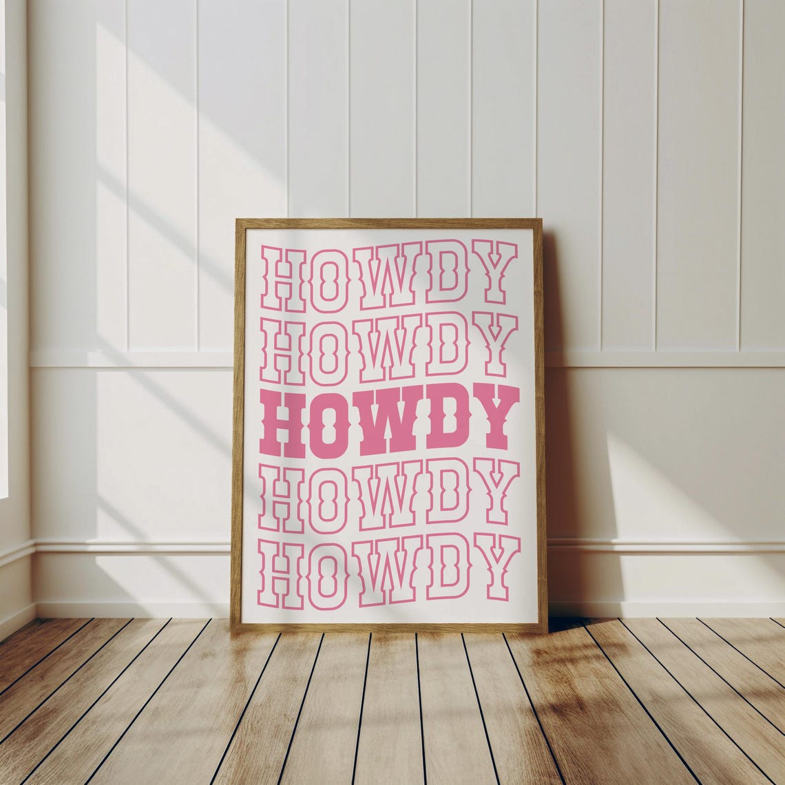 Howdy Repeated Five Times Pink Retro Western Cowgirl Quote Wall Print