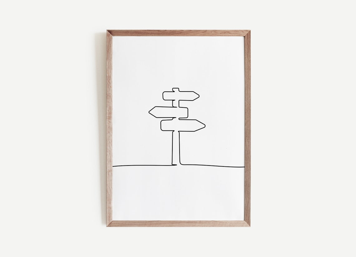 Minimalist Road Sign Direction Post One Line Travel Art Poster
