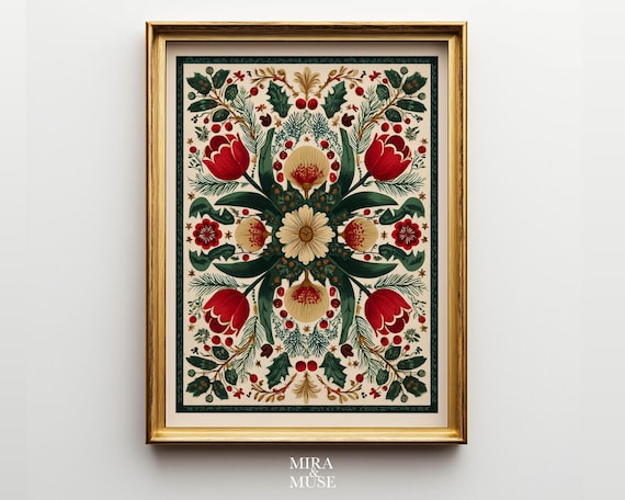 Vintage Folk Floral Poster Scandinavian Holiday Botanical Wall Art Ornamental Bloom