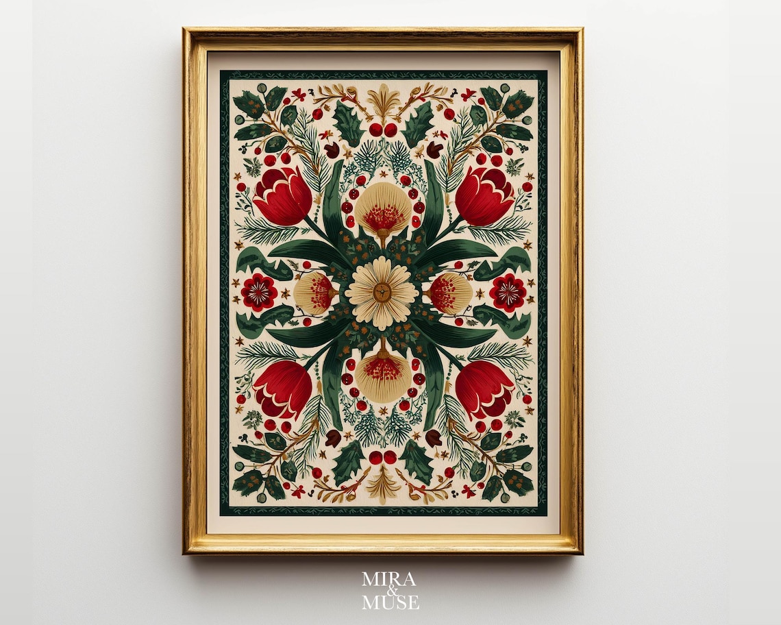 Vintage Folk Floral Christmas Botanical Red Tulip Holiday Poster