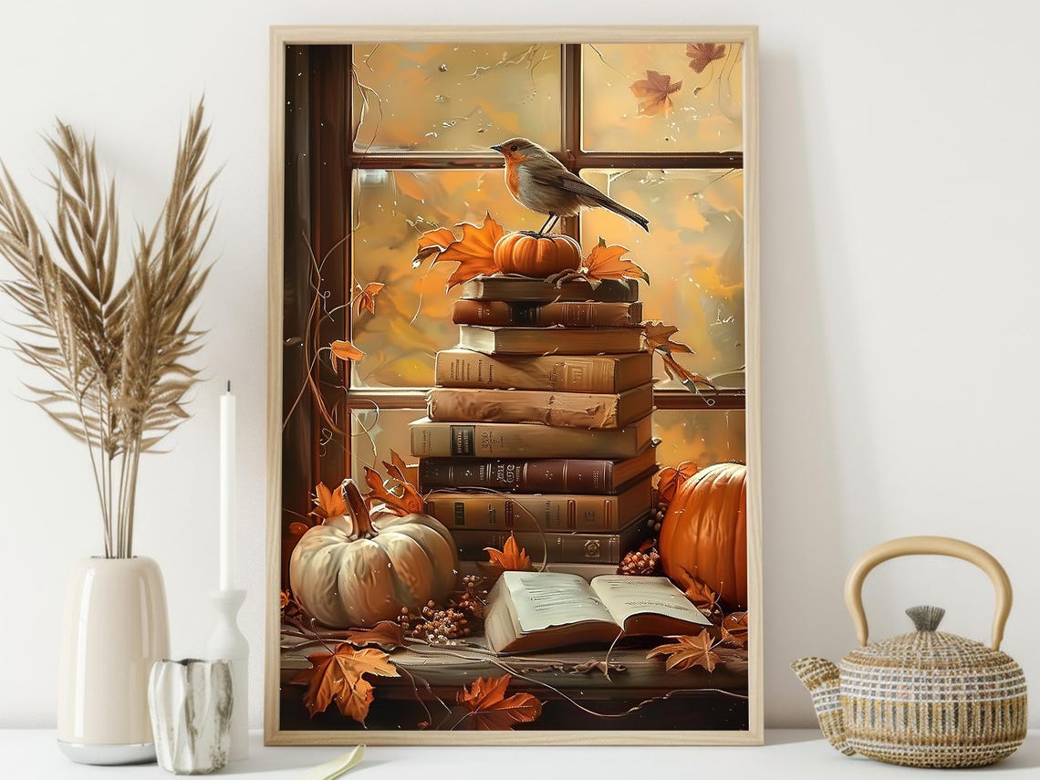 Autumn Books Pumpkins and Robin by Window Cozy Still Life Art Poster - Image 3