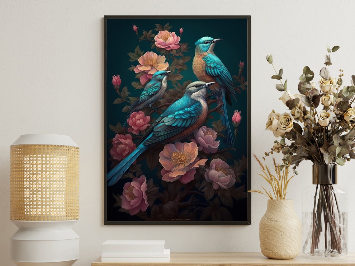 Vintage Bird Family Painting Bird Art Print Bird Print Floral Bird Poster Print Flowers Wall Decor Wild Animal Art Print
