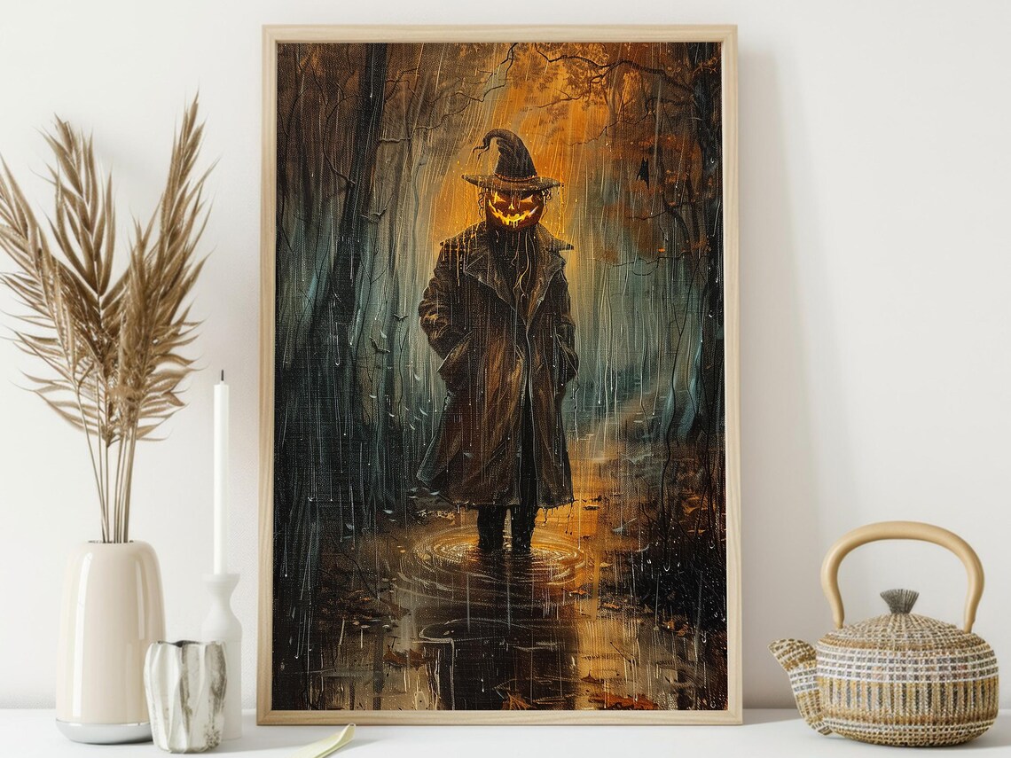 Spooky Pumpkin Head Man in Rainy Dark Forest Oil Painting Poster - Image 4