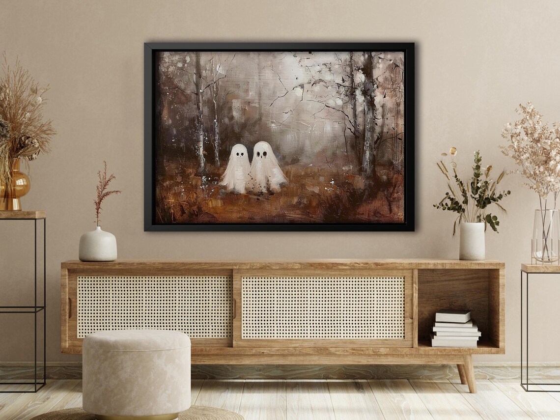 Two Sheet Ghosts in Misty Autumn Forest Impressionist Painting Poster - Image 4