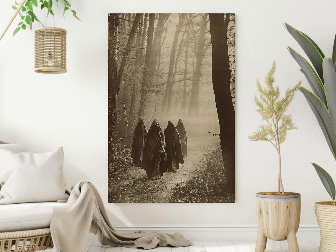 Four Hooded Ghosts on Foggy Forest Path Vintage Sepia Horror Poster - Image 2