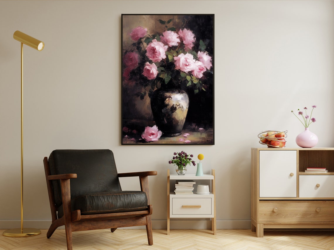 Impressionist Pink Roses Dark Vase Moody Still Life Floral Wall Art - Image 2