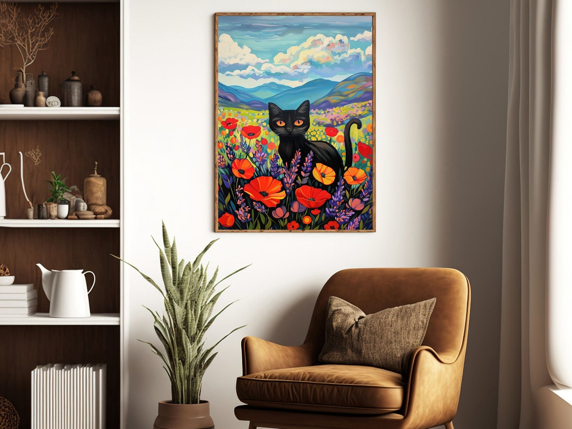 Black Cat In Wildflower Meadow Mountain Folk Art Colorful Poster - Image 4