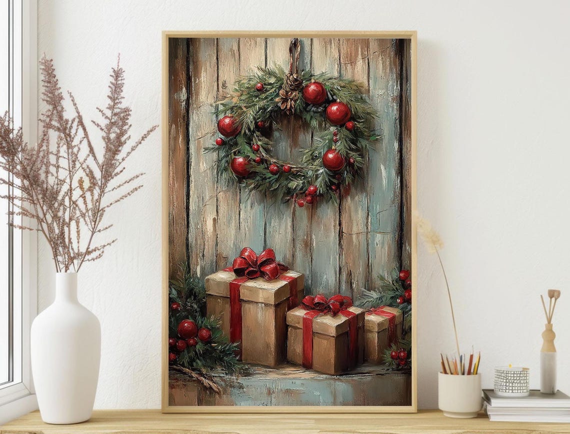 Rustic Christmas Wreath With Red Baubles and Gift Boxes Wall Art - Image 4
