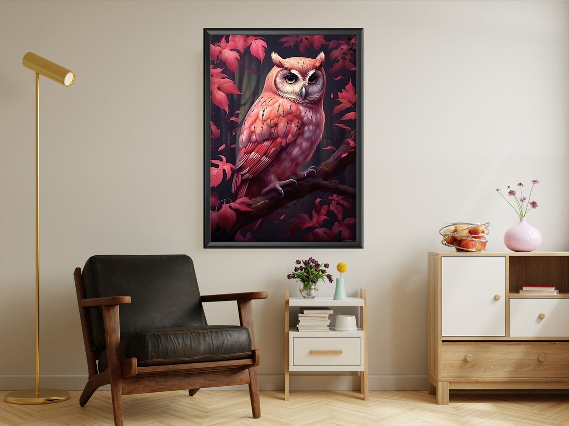 Pink Owl Red Leaves Night Forest Whimsical Wildlife Bird Painting Art Poster - Image 2