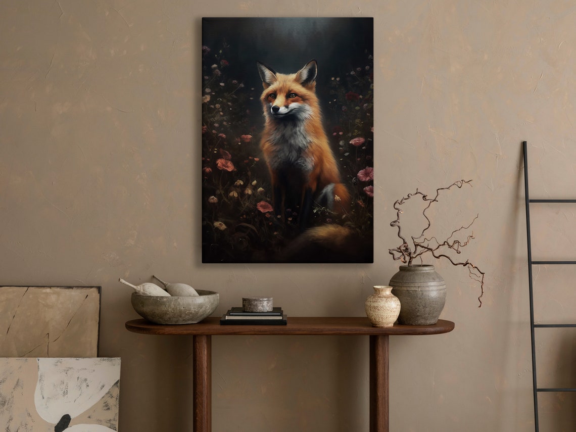 Red Fox Among Wildflowers Moody Dark Forest Animal Art Poster - Image 4